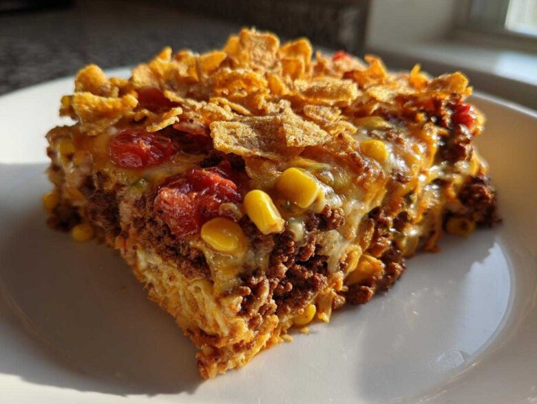 A hearty slice of Cheesy Ground Beef Queso Bake Comfort Dish topped with melted cheese, corn, tomatoes, and crunchy cornflakes.