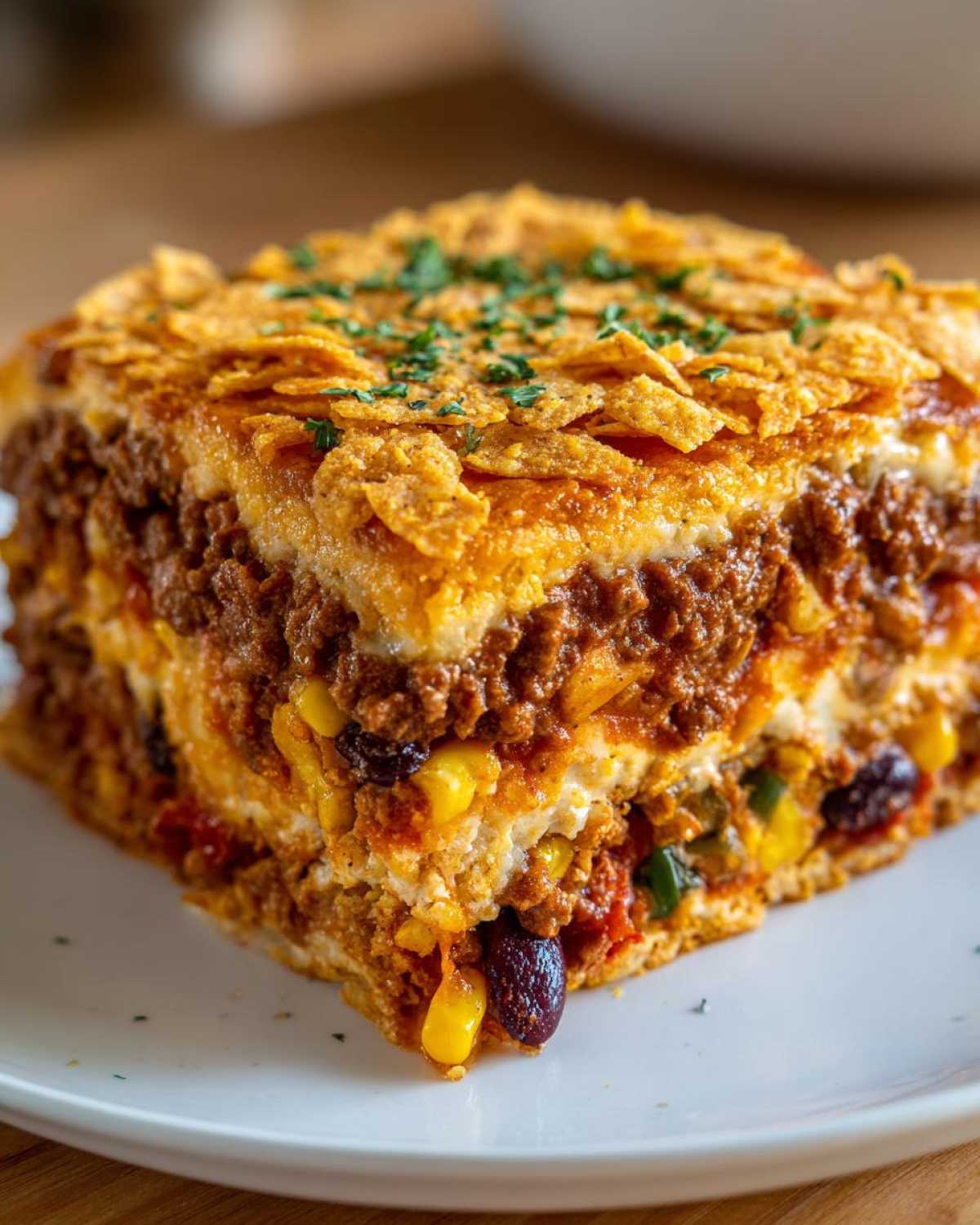 A thick slice of Cheesy Ground Beef Queso Bake showing layers of seasoned beef, corn, beans, and a crunchy corn chip topping.