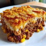 A close-up serving of Cheesy Ground Beef Queso Bake Comfort Dish with a crunchy topping.