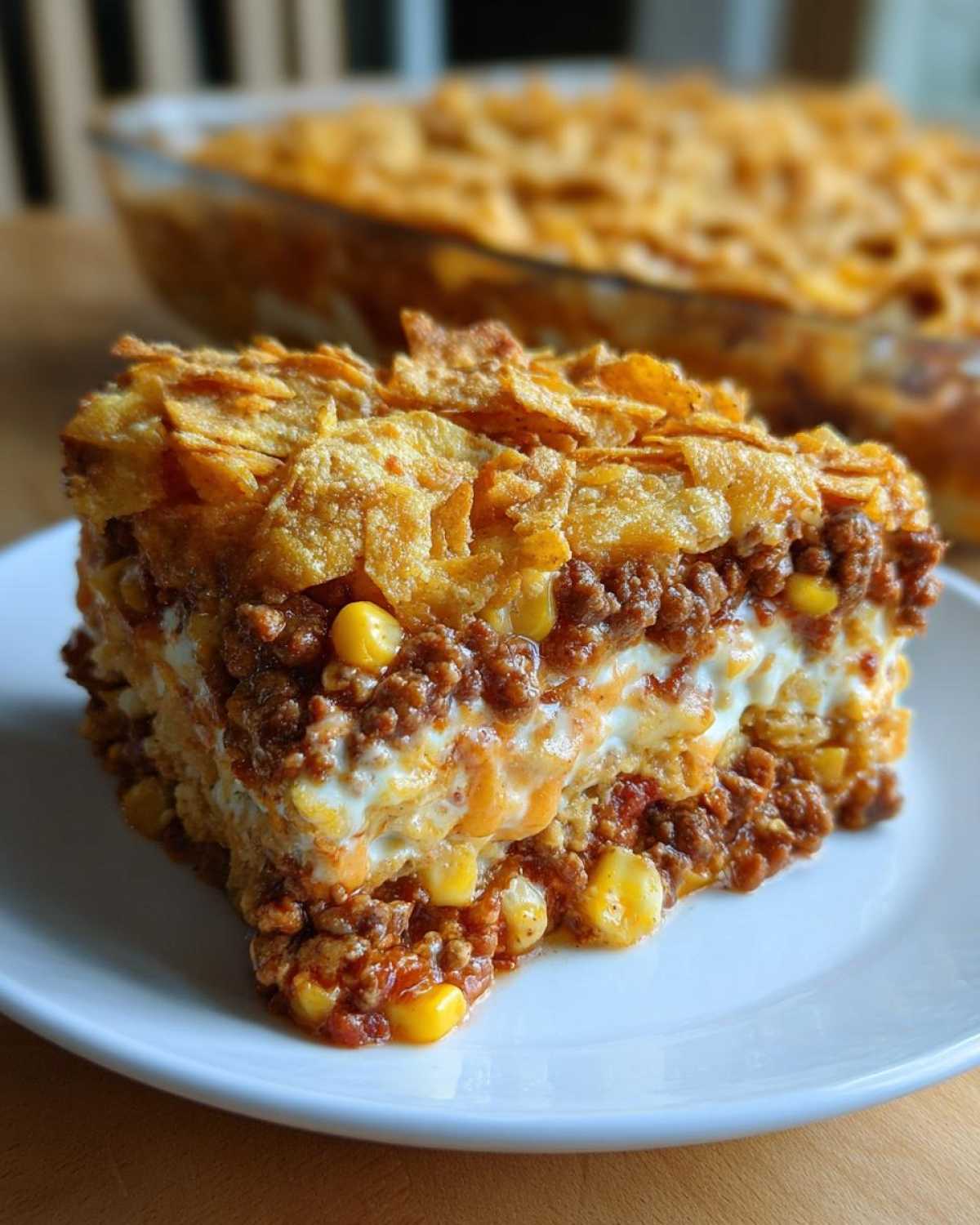 A thick slice of Cheesy Ground Beef Queso Bake Comfort Dish layered with ground beef, corn, creamy sauce, and topped with crushed tortilla chips.