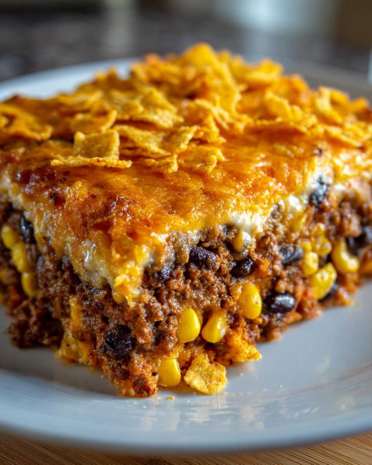 Close-up of a hearty slice of Cheesy Ground Beef Queso Bake Comfort Dish with corn, beans, and a crunchy topping.