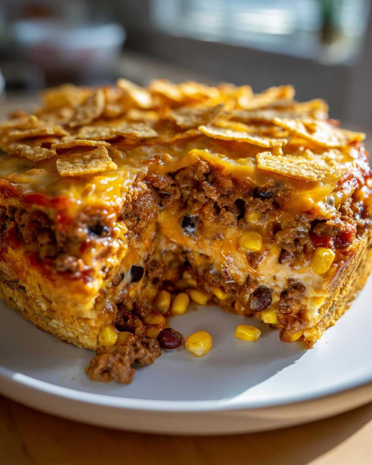 A cross-section view of the Cheesy Ground Beef Queso Bake Comfort Dish, showing layers of meat, corn, beans, and melted cheese topped with tortilla chips.