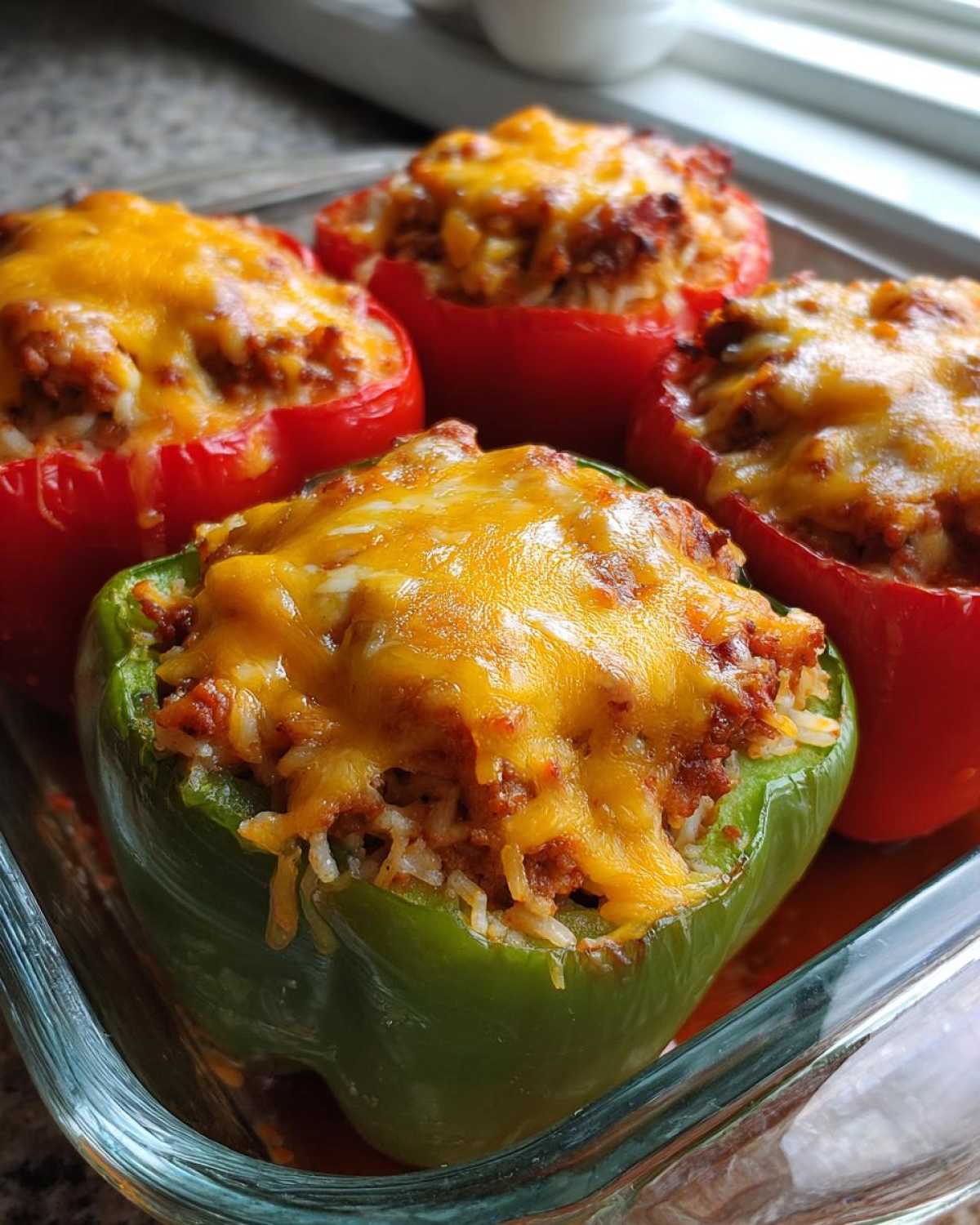 Four baked Cheesy Ground Beef Stuffed Peppers with Rice, topped with melted cheddar cheese, in a glass baking dish.