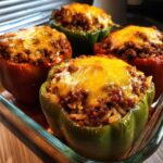 Four baked Cheesy Ground Beef Stuffed Peppers with Rice topped with melted cheddar cheese in a glass baking dish.