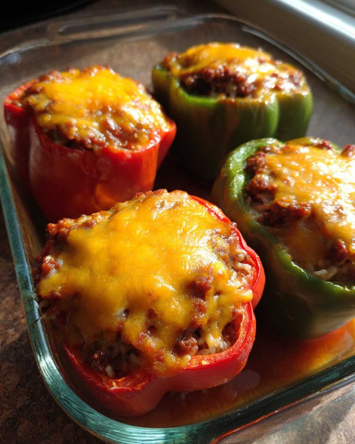 Four baked Cheesy Ground Beef Stuffed Peppers with Rice, two red and two green, topped with melted cheddar cheese in a glass dish.
