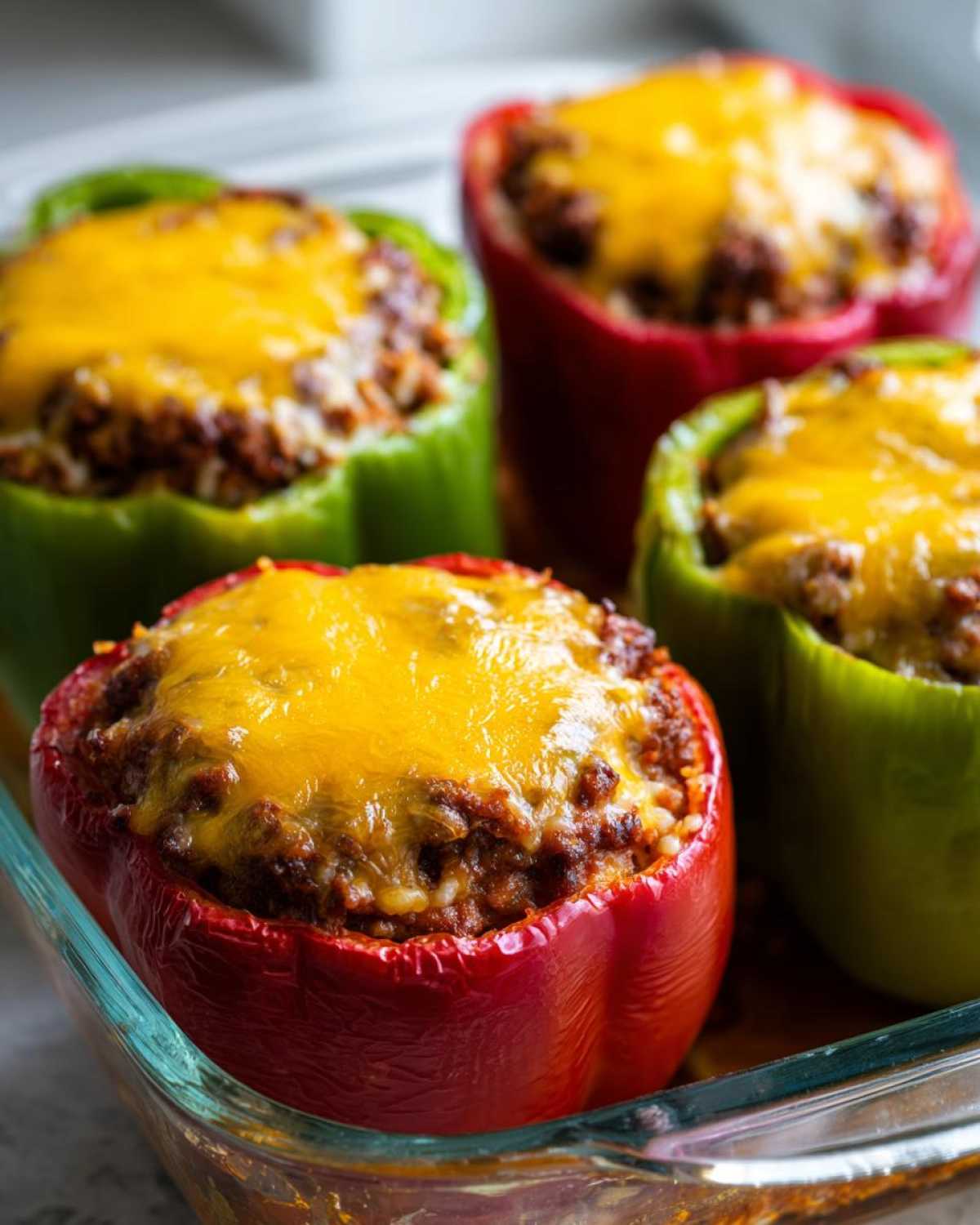 Four baked Cheesy Ground Beef Stuffed Peppers with Rice, topped with melted cheddar cheese, in a glass baking dish.