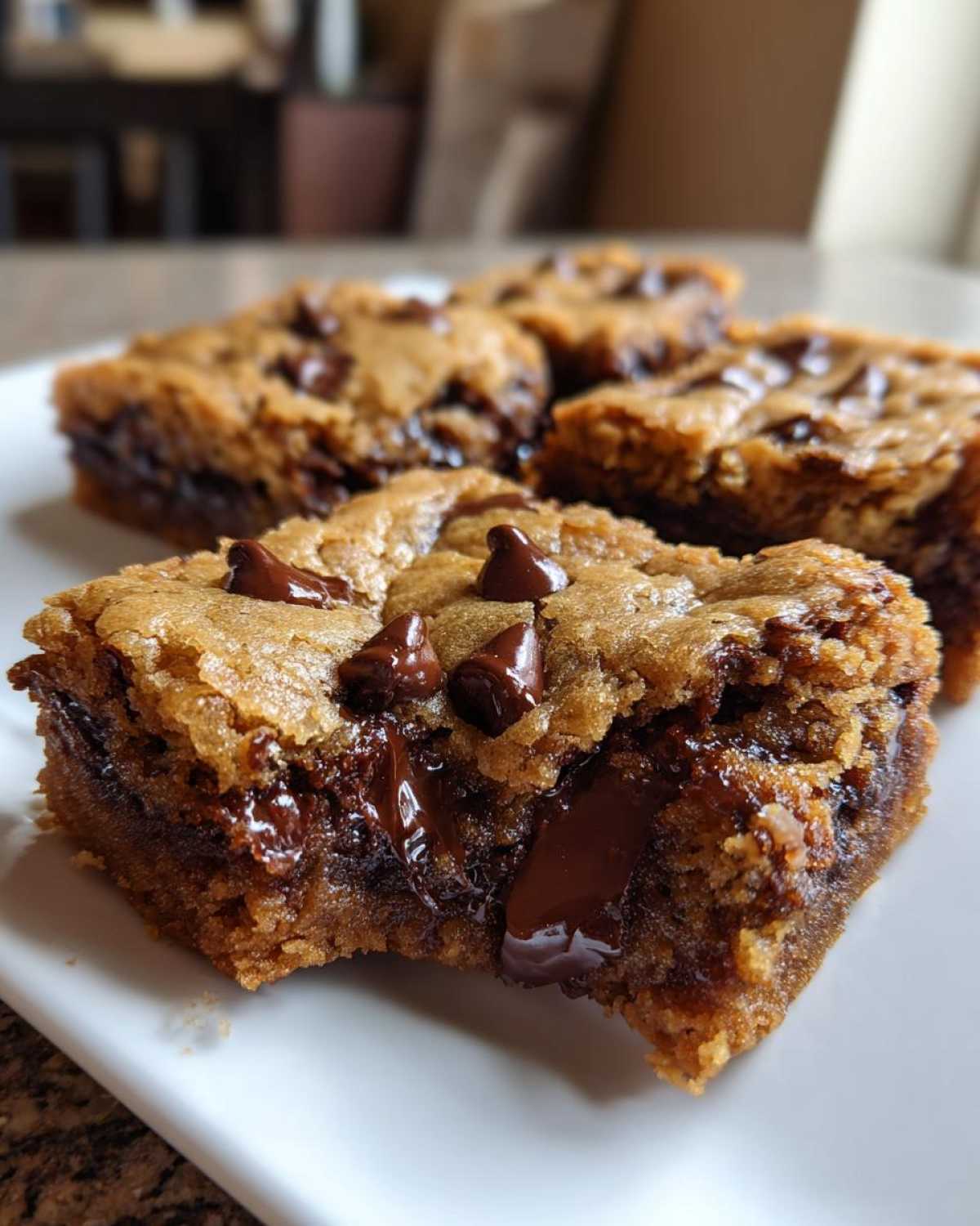 A close-up view of a gooey, thick Chewy Chocolate Chip Cookie Bars with melted chocolate oozing out.