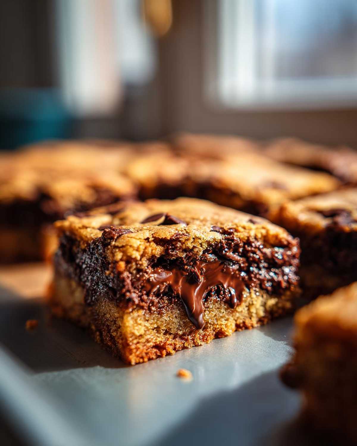 Close-up of a Chewy Chocolate Chip Cookie Bar showing a molten, gooey chocolate center dripping out.