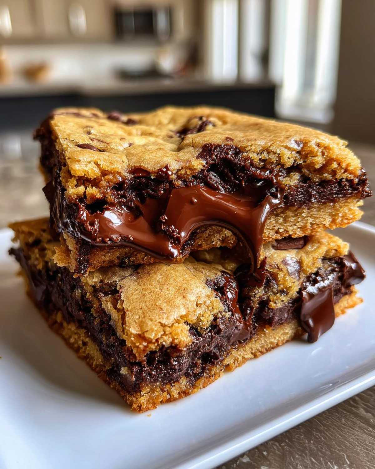 Two stacked Chewy Chocolate Chip Cookie Bars with molten chocolate oozing out between the layers.