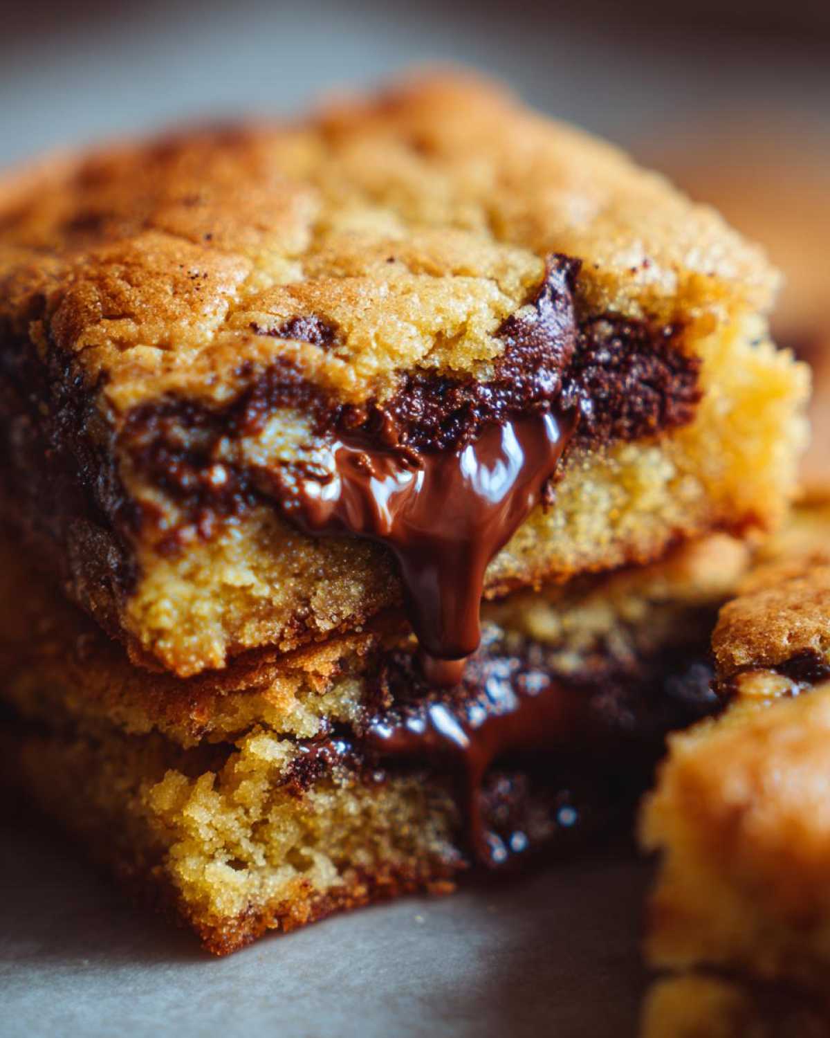Close-up of two stacked Chewy Chocolate Chip Cookie Bars with molten chocolate dripping between the layers.