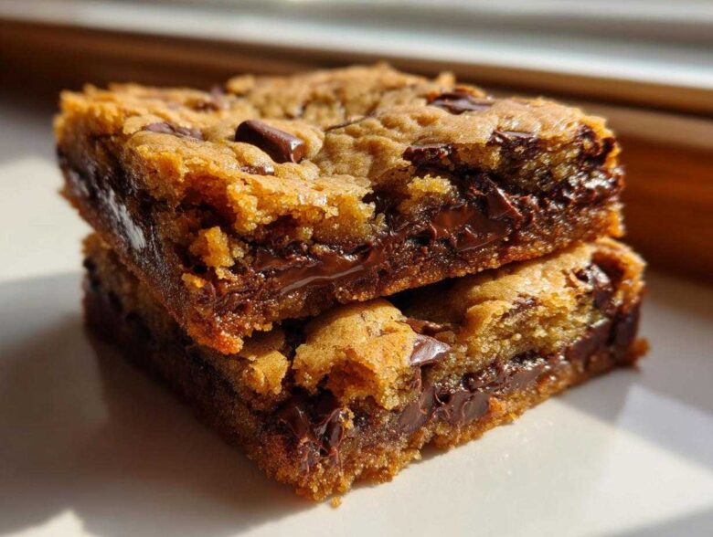Two stacked, thick Chewy Chocolate Chip Cookie Bars showing gooey, melted chocolate centers.
