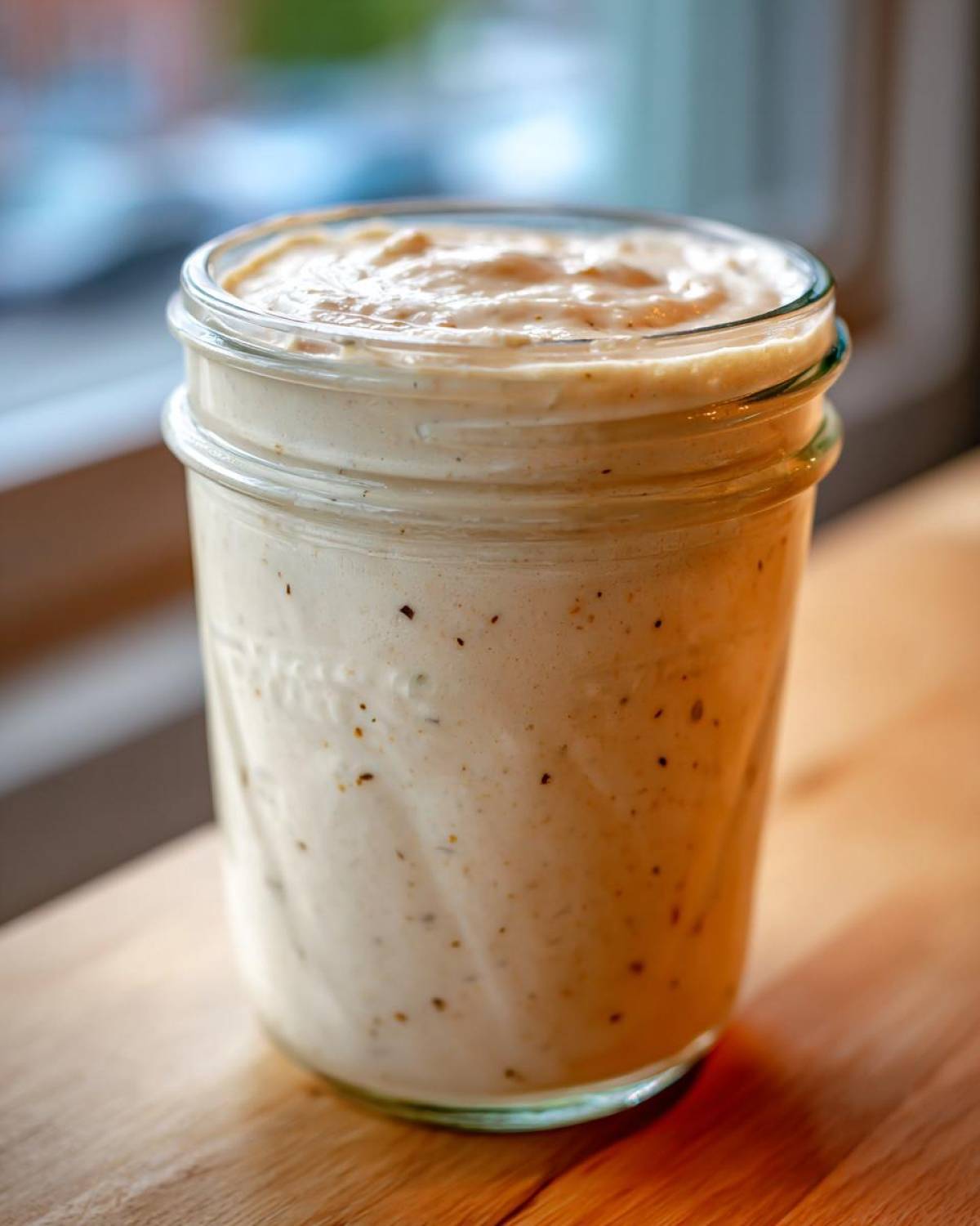 A glass jar filled with creamy, speckled Copycat Olive Garden Salad Dressing sitting on a wooden surface.