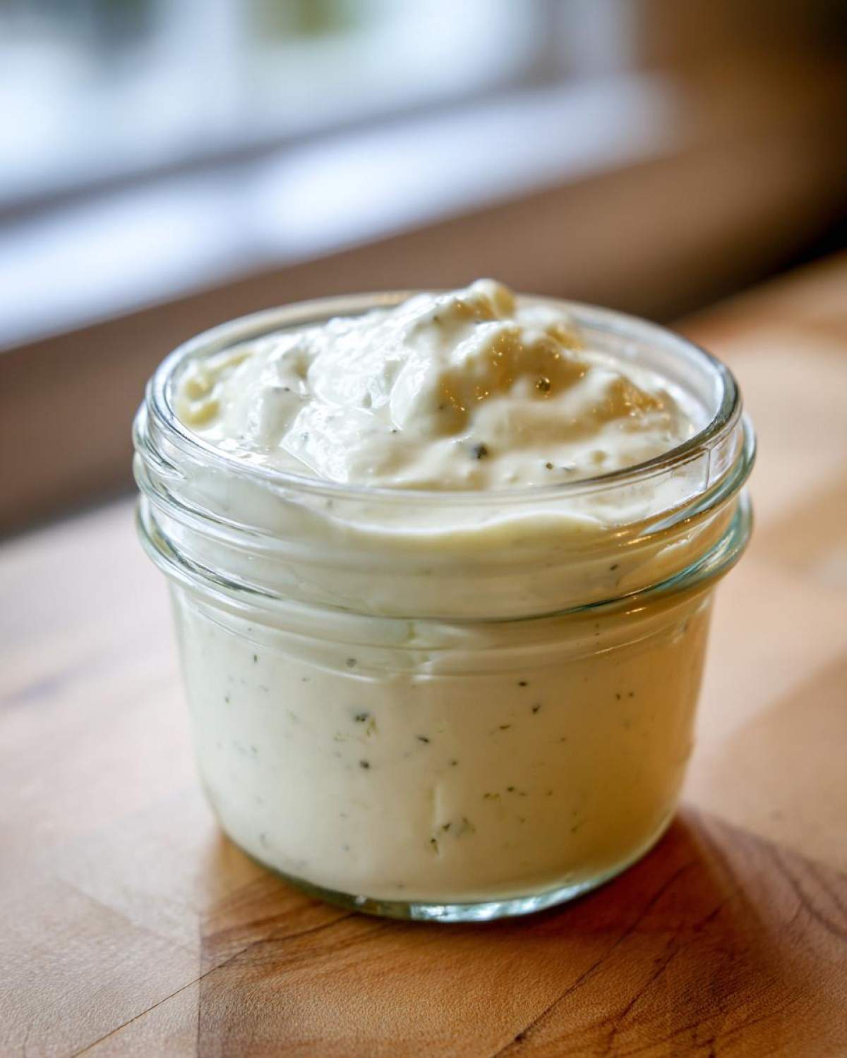 A small glass jar filled with creamy Copycat Olive Garden Salad Dressing, showing visible herbs.