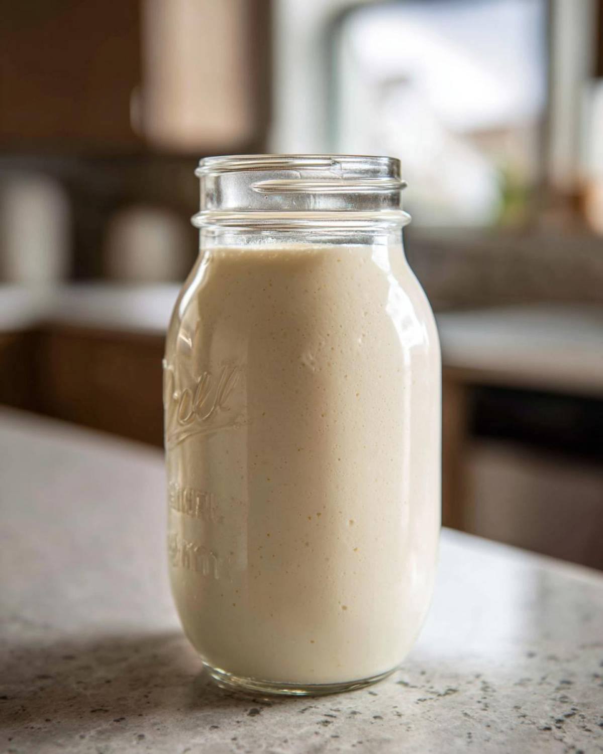 A glass mason jar filled with creamy, pale yellow Copycat Olive Garden Salad Dressing sitting on a kitchen counter.