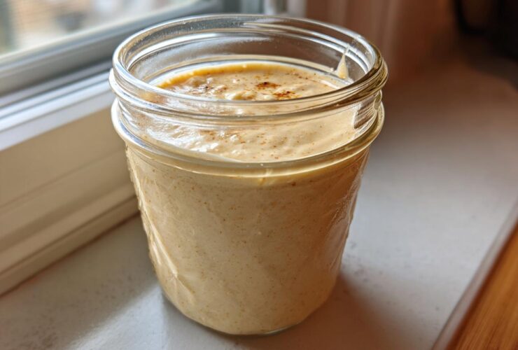 A glass mason jar filled with creamy, beige Copycat Olive Garden Salad Dressing, sitting on a windowsill.