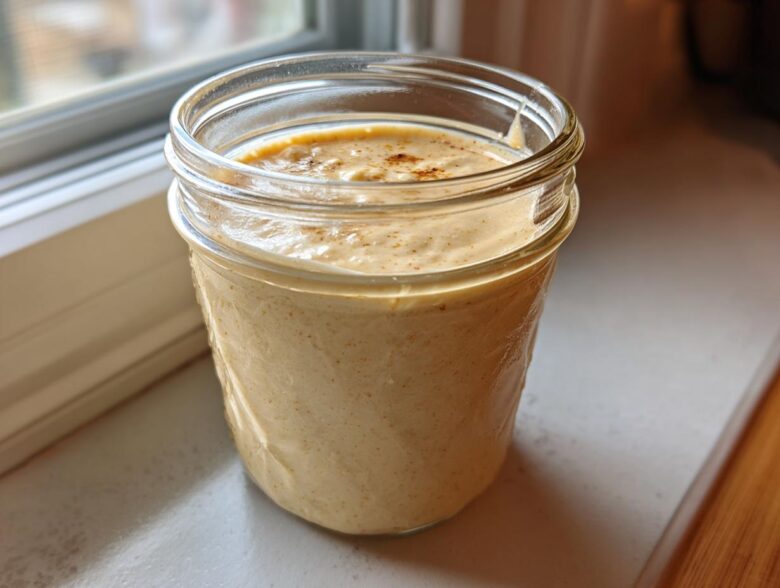 A glass mason jar filled with creamy, beige Copycat Olive Garden Salad Dressing, sitting on a windowsill.