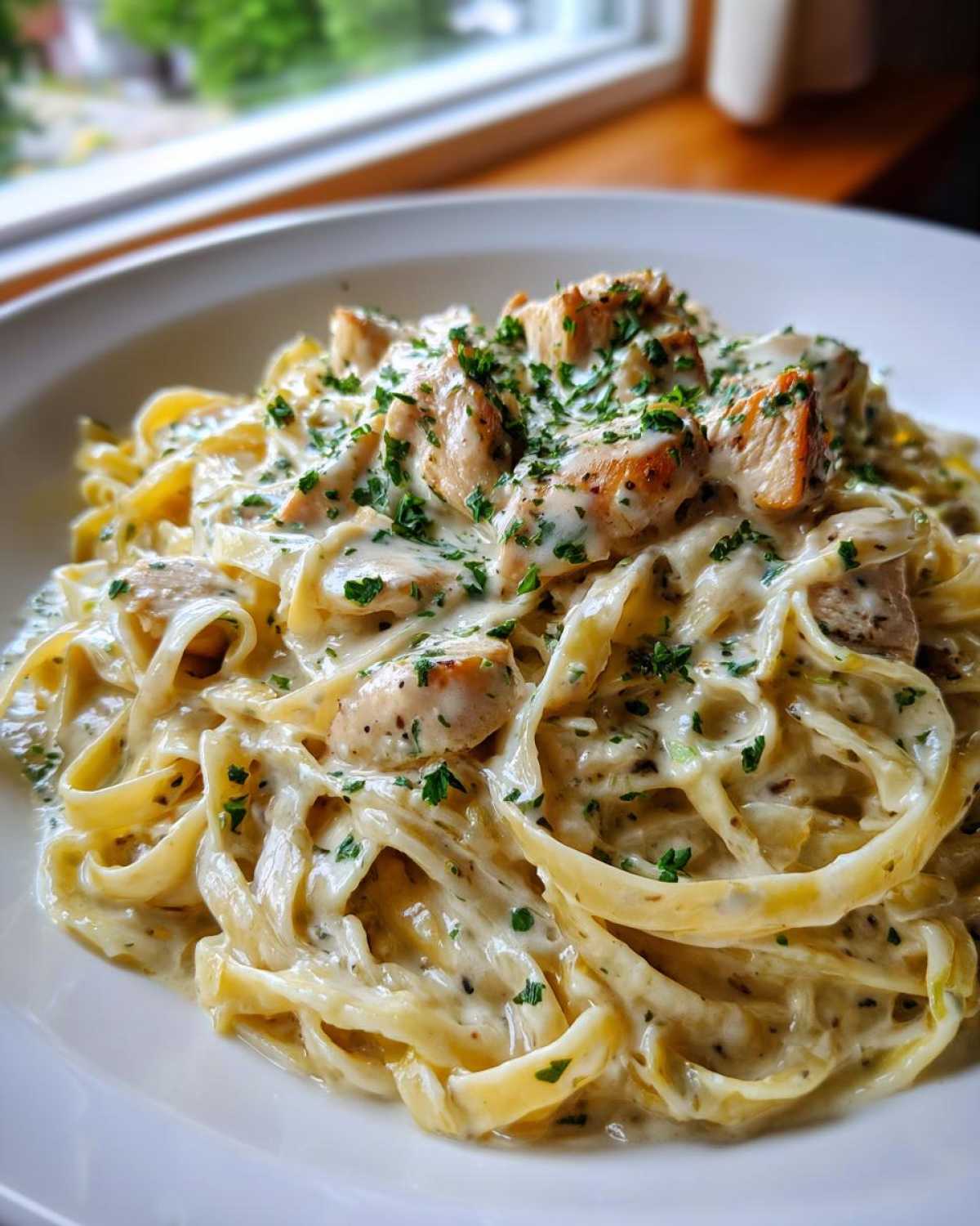 A close-up of fettuccine tossed in rich sauce, topped with grilled chicken pieces and fresh parsley in Creamy Alfredo Pasta with Chicken and Cheese.