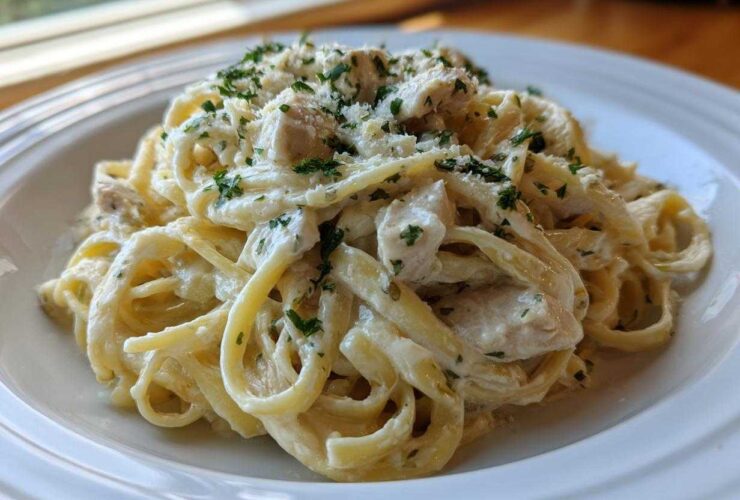 Close-up of a generous serving of Creamy Alfredo Pasta with Chicken and Cheese, topped with fresh parsley.