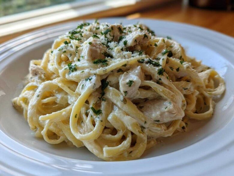 Close-up of a generous serving of Creamy Alfredo Pasta with Chicken and Cheese, topped with fresh parsley.