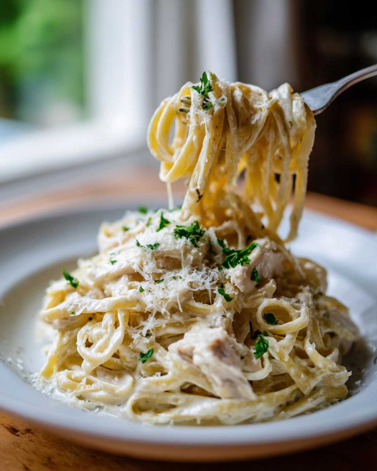 A fork lifts fettuccine noodles coated in rich sauce from a plate of Creamy Alfredo Pasta with Chicken and Cheese.