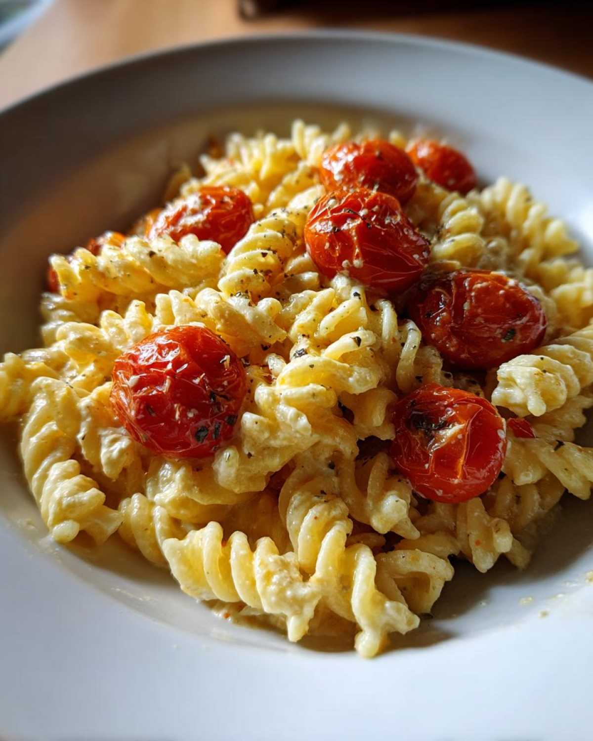 Close-up of creamy fusilli pasta tossed with roasted cherry tomatoes, a key component of Baked Feta Pasta with Cherry Tomatoes.