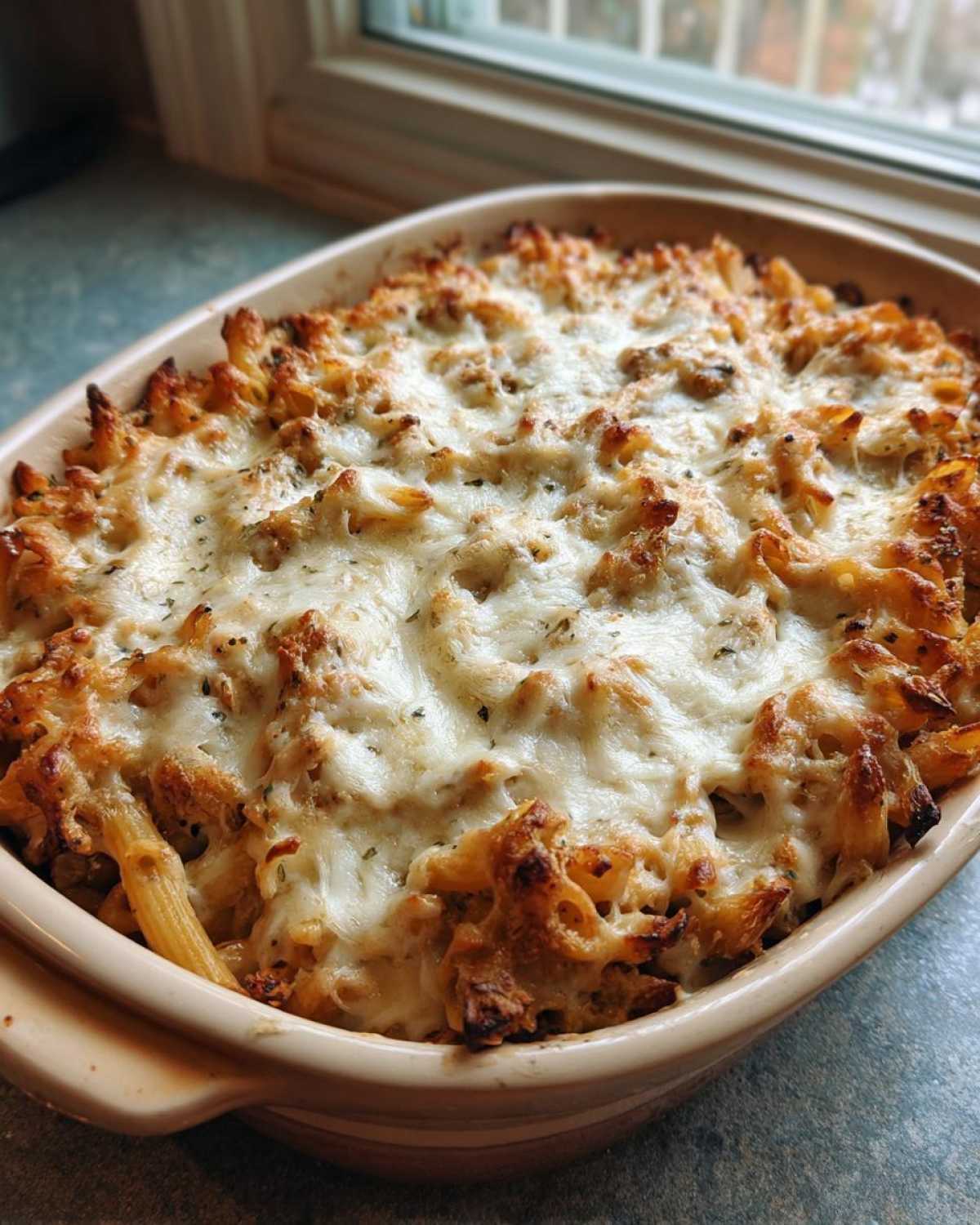 A freshly baked casserole dish filled with Creamy Cajun Chicken Alfredo Bake, topped with bubbly, melted mozzarella cheese.