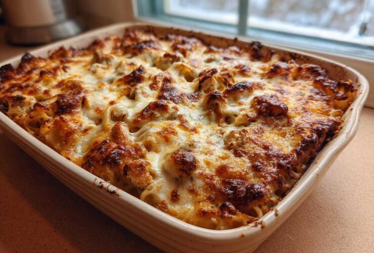 A freshly baked casserole dish filled with Creamy Cajun Chicken Alfredo Bake, featuring a golden, bubbly, and browned cheese topping.