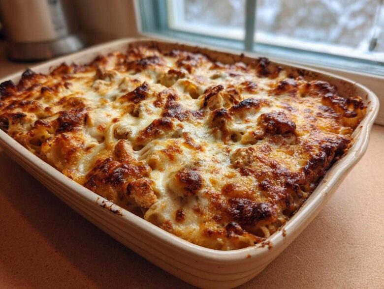 A freshly baked casserole dish filled with Creamy Cajun Chicken Alfredo Bake, featuring a golden, bubbly, and browned cheese topping.