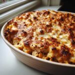 Close-up of a freshly baked Creamy Cajun Chicken Alfredo Bake with a golden, bubbly, and slightly charred cheese topping.