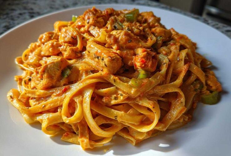 Close-up of fettuccine noodles coated in a rich, orange sauce with chunks of chicken and green peppers in Creamy Cajun Chicken Pasta.