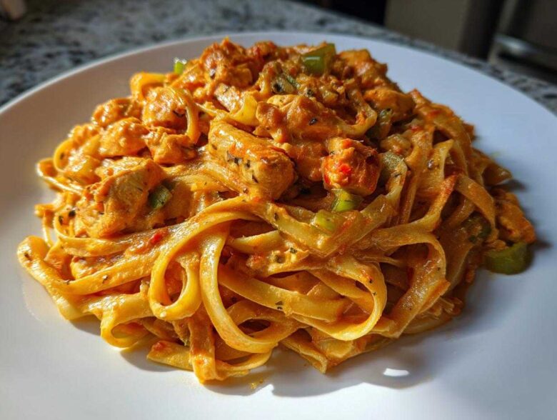 Close-up of fettuccine noodles coated in a rich, orange sauce with chunks of chicken and green peppers in Creamy Cajun Chicken Pasta.