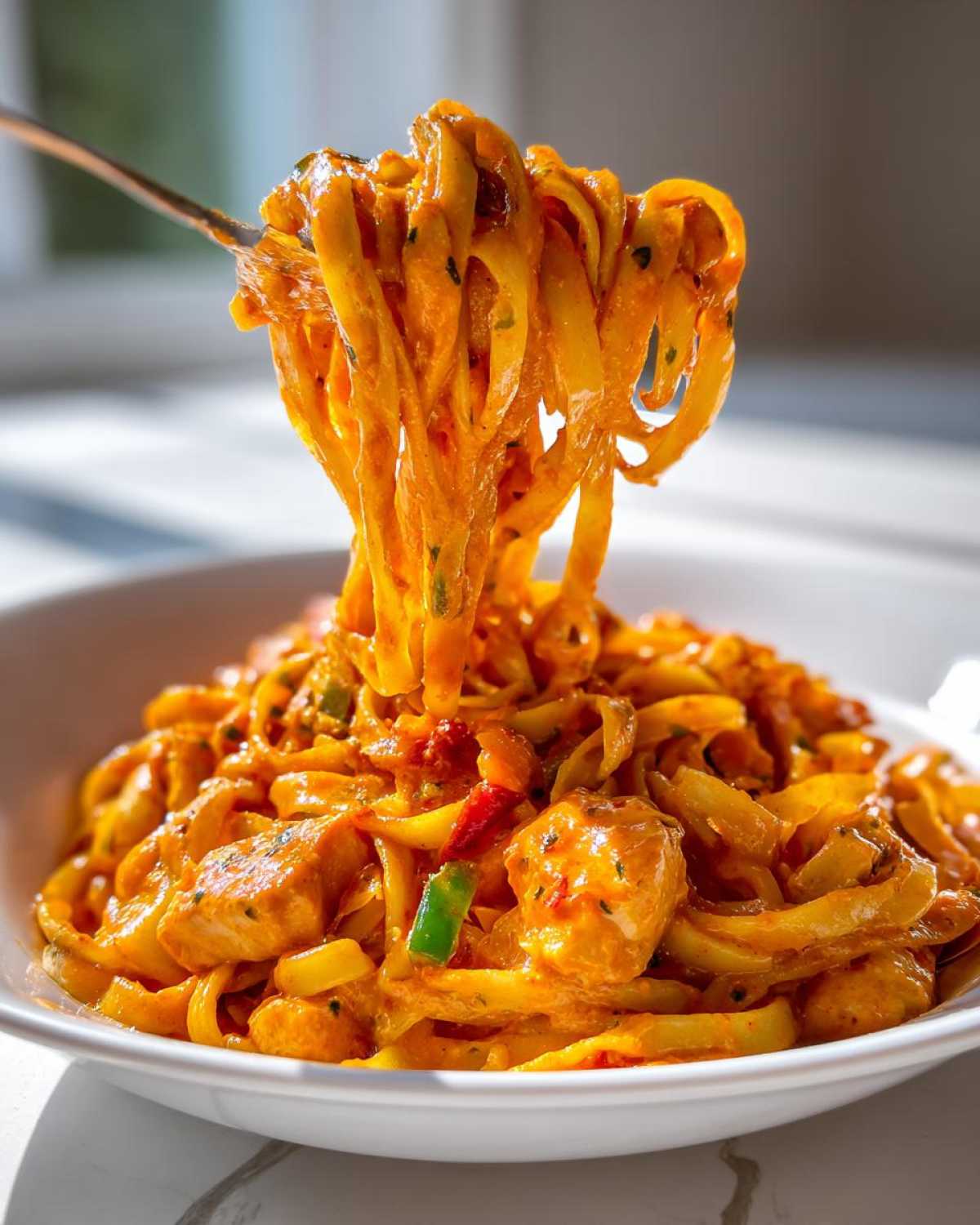 A fork lifting fettuccine noodles coated in orange sauce from a bowl of Creamy Cajun Chicken Pasta with chicken pieces.