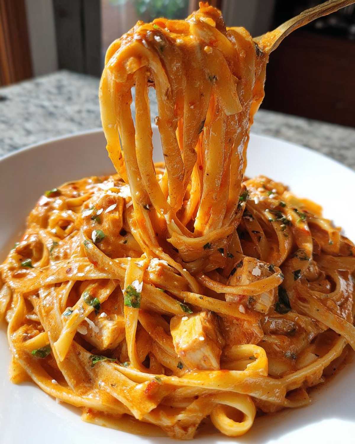 A fork lifts a generous twirl of fettuccine noodles coated in rich sauce from a bowl of Creamy Cajun Chicken Pasta with visible chicken pieces.
