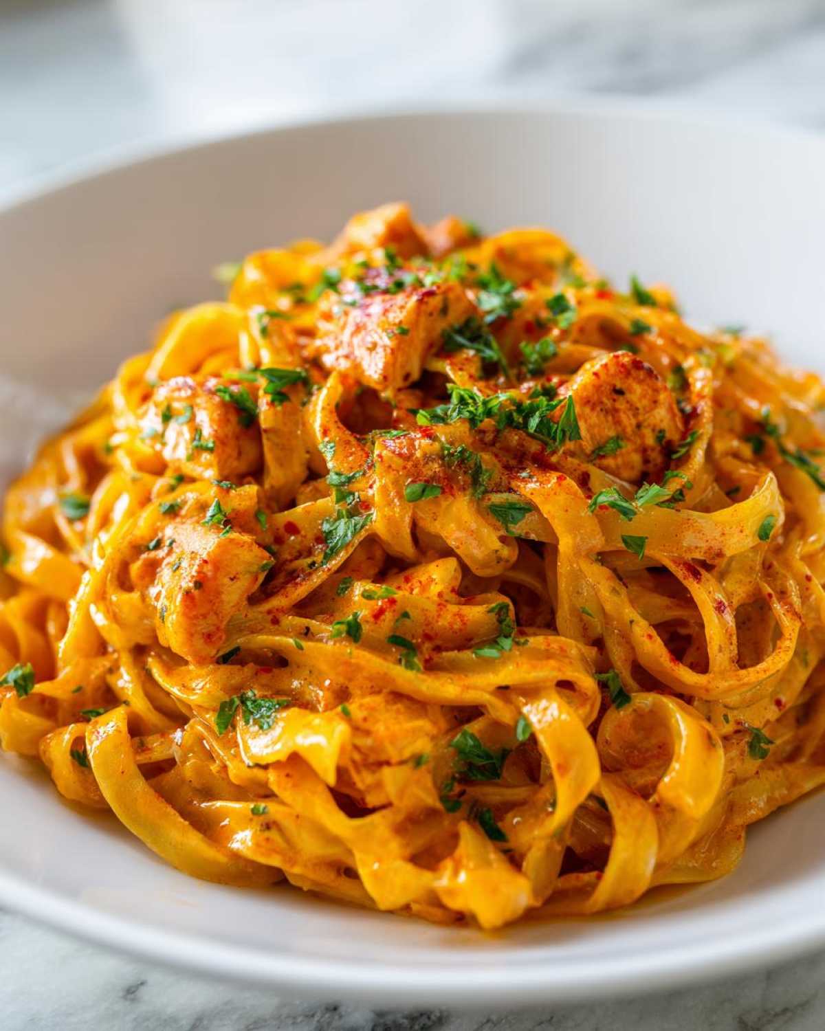 Close-up of a bowl filled with Creamy Cajun Pasta with Chicken and Spice, garnished with parsley.