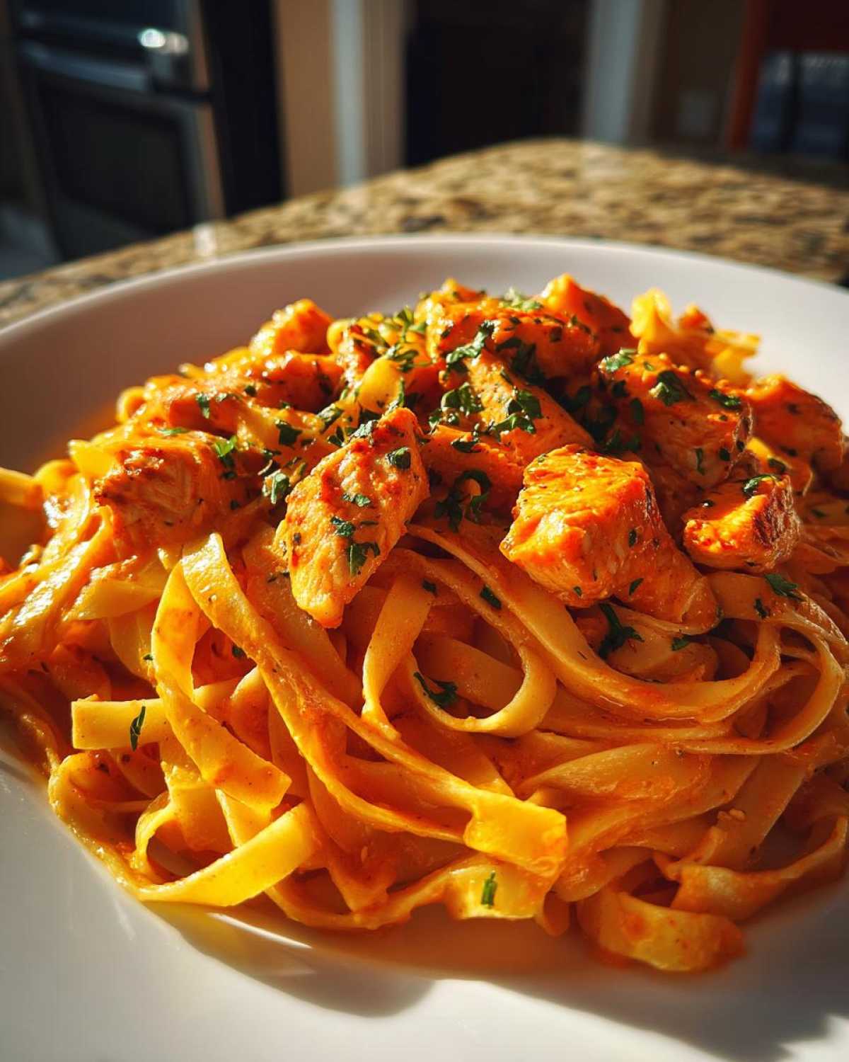 Close-up of fettuccine pasta coated in a rich, orange-hued sauce with chunks of seasoned chicken, garnished with parsley, in Creamy Cajun Pasta with Chicken and Spice.