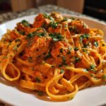 A close-up of rich, orange-hued Creamy Cajun Pasta with Chicken and Spice, garnished with fresh parsley.