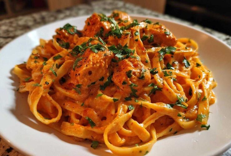 A close-up of rich, orange-hued Creamy Cajun Pasta with Chicken and Spice, garnished with fresh parsley.