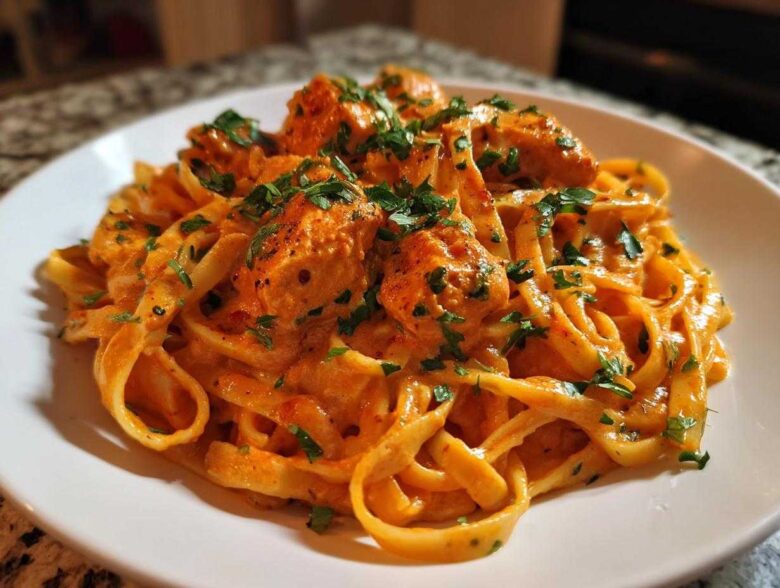 A close-up of rich, orange-hued Creamy Cajun Pasta with Chicken and Spice, garnished with fresh parsley.