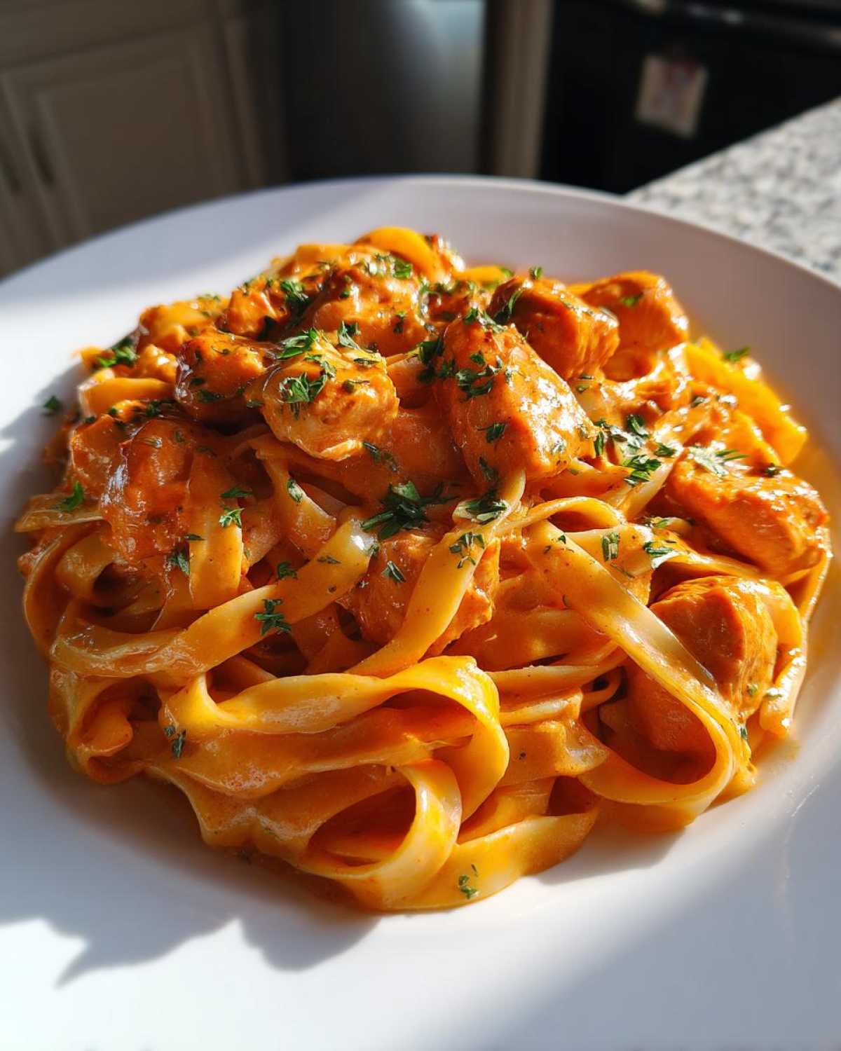 Close-up of creamy Cajun pasta with chicken and spice, featuring fettuccine noodles coated in a rich orange sauce and garnished with parsley.