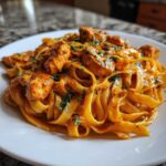 Close-up of Creamy Cajun Pasta with Chicken and Spice, featuring fettuccine coated in an orange sauce and topped with diced chicken and parsley.