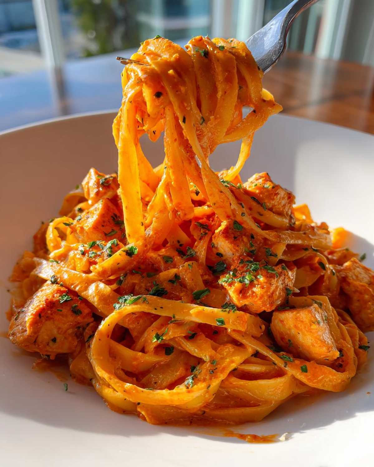 A fork lifts a tangle of fettuccine coated in orange sauce from a bowl of Creamy Cajun Pasta with Chicken and Spice.