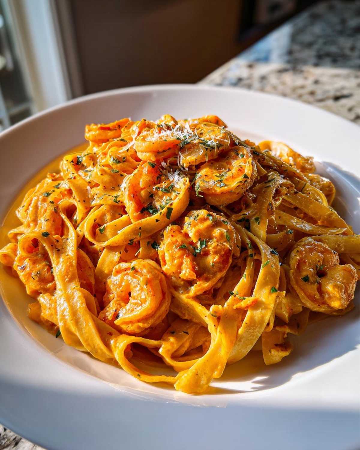Close-up of a white bowl filled with Creamy Cajun Shrimp Pasta, featuring fettuccine noodles and seasoned shrimp.