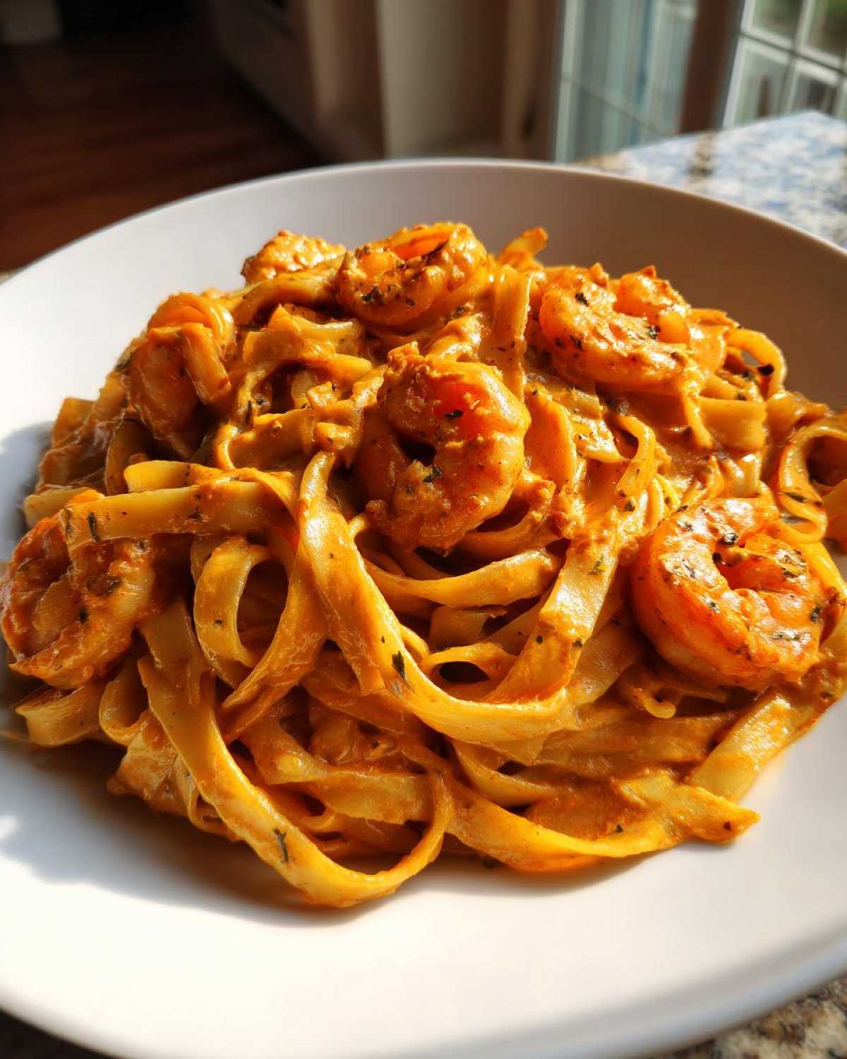 Close-up of fettuccine coated in a rich, orange sauce with seasoned shrimp, representing Creamy Cajun Shrimp Pasta Bold Flavor.