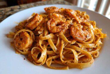 A close-up of Creamy Cajun Shrimp Pasta featuring fettuccine coated in a rich sauce and topped with seasoned shrimp.