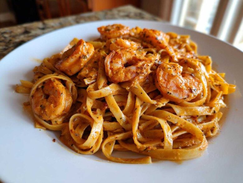 A close-up of Creamy Cajun Shrimp Pasta featuring fettuccine coated in a rich sauce and topped with seasoned shrimp.