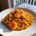 A close-up of a white plate filled with Creamy Cajun Shrimp Pasta Bold Flavor, featuring fettuccine noodles coated in an orange sauce and topped with seasoned shrimp.