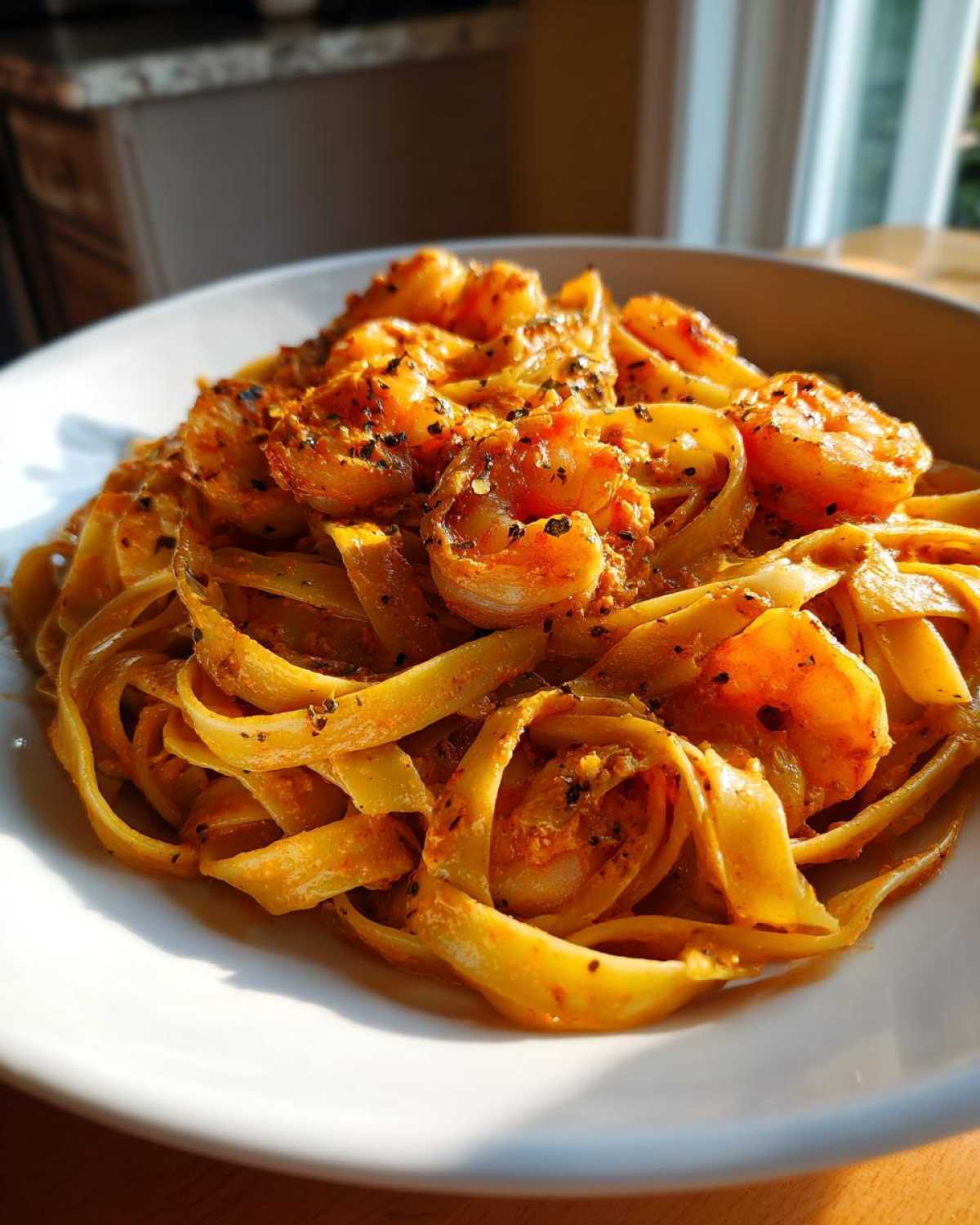 Close-up of fettuccine coated in a rich, orange sauce with seasoned shrimp, showcasing the Creamy Cajun Shrimp Pasta Bold Flavor.