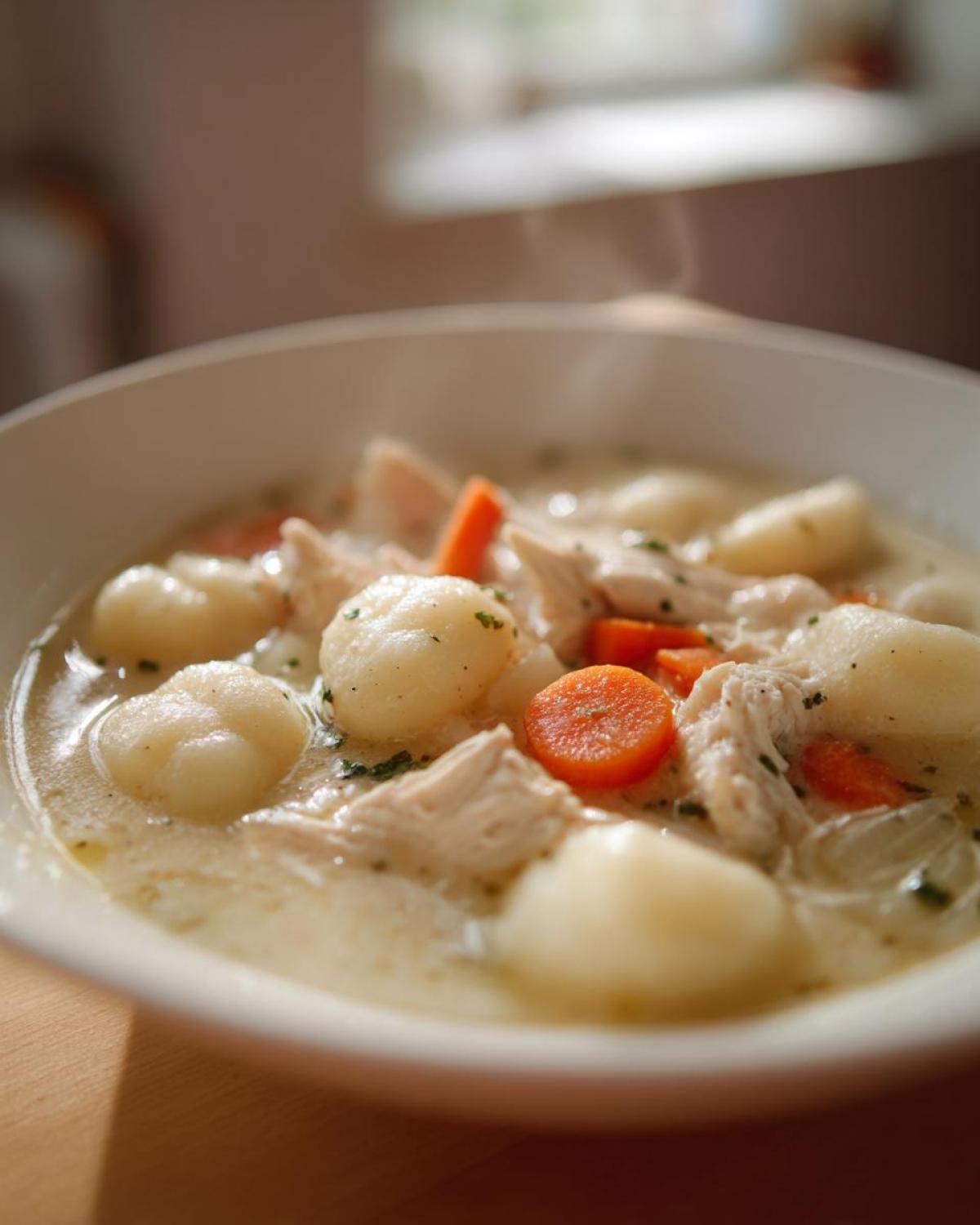 Close-up of a steaming bowl of Creamy Chicken Gnocchi Soup with shredded chicken, carrots, and soft dumplings.
