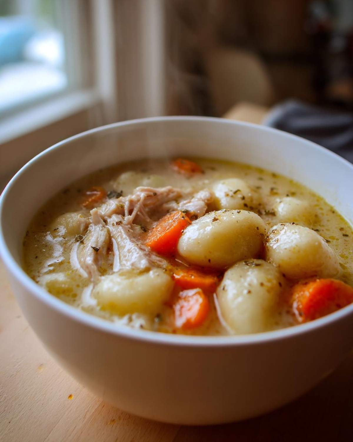 Close-up of a white bowl filled with hot Creamy Chicken Gnocchi Soup, featuring gnocchi, shredded chicken, and carrots.