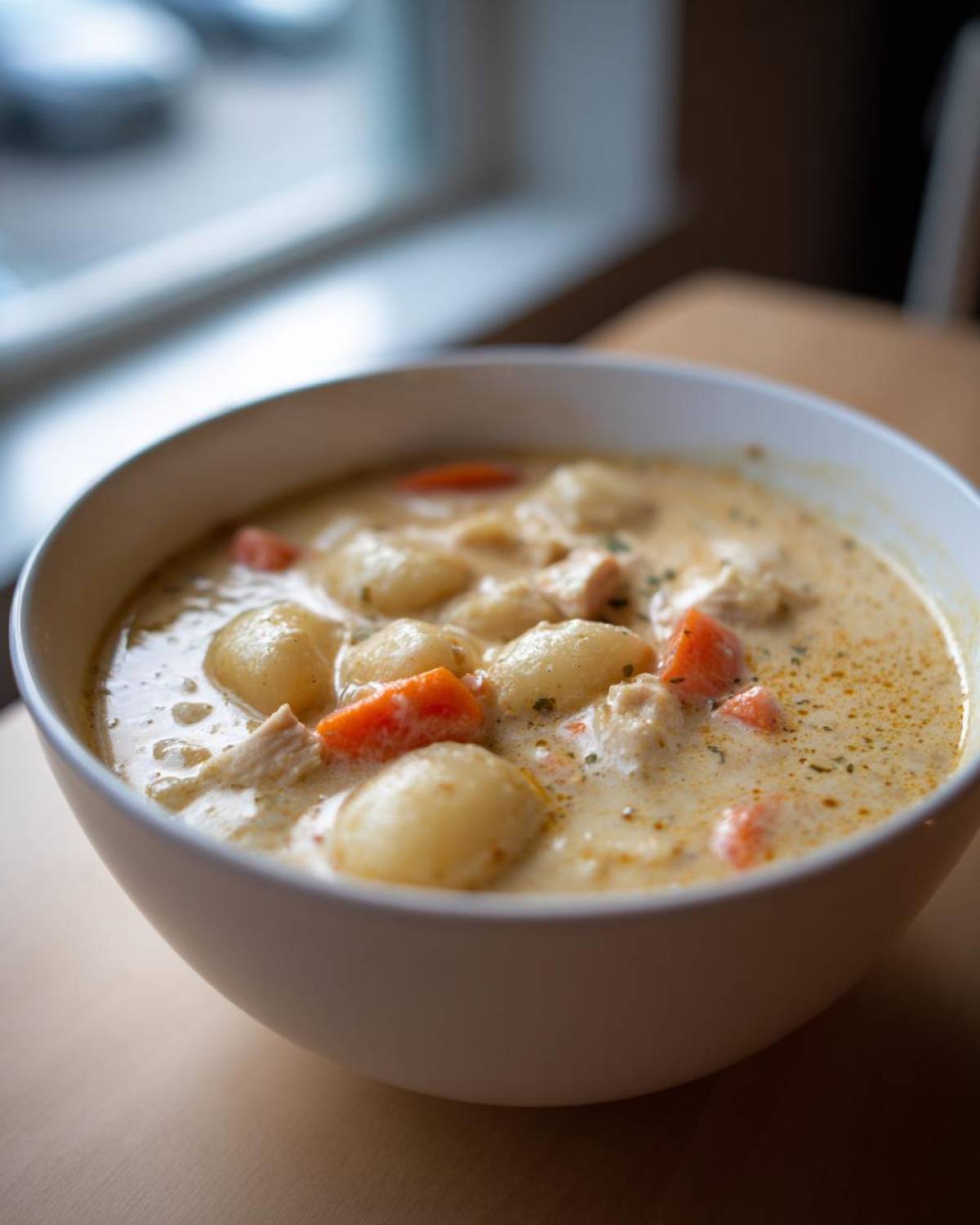 Close-up of a white bowl filled with rich Creamy Chicken Gnocchi Soup, featuring soft gnocchi, chicken pieces, and bright orange carrots.